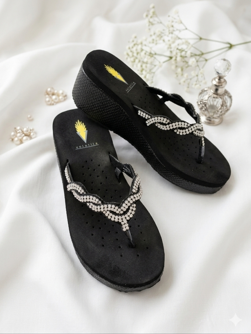 Volatile Black Wedge Flip Flops with Silver Rhinestone Detailing